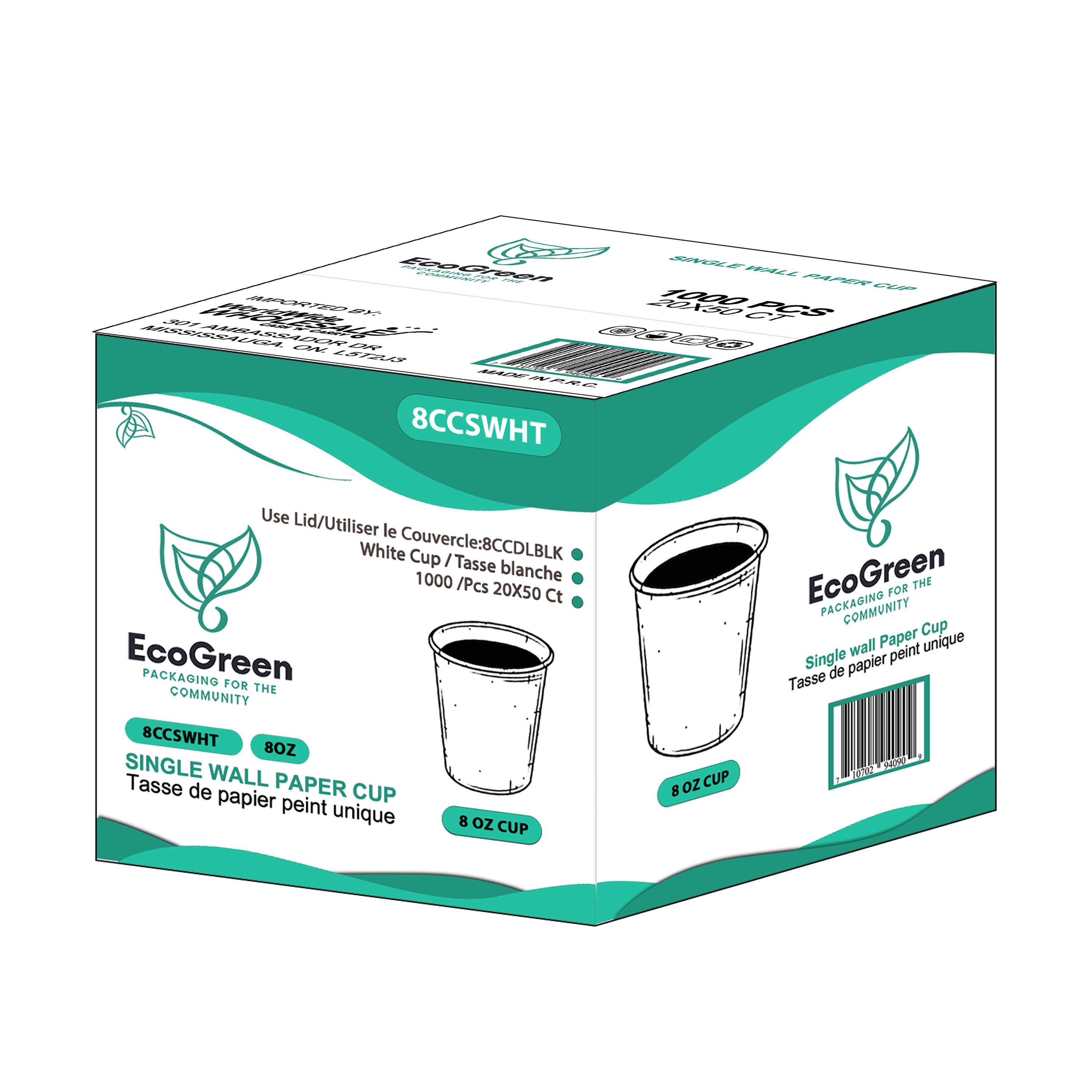 EcoGreen - 8oz Single Wall Paper Cup - White