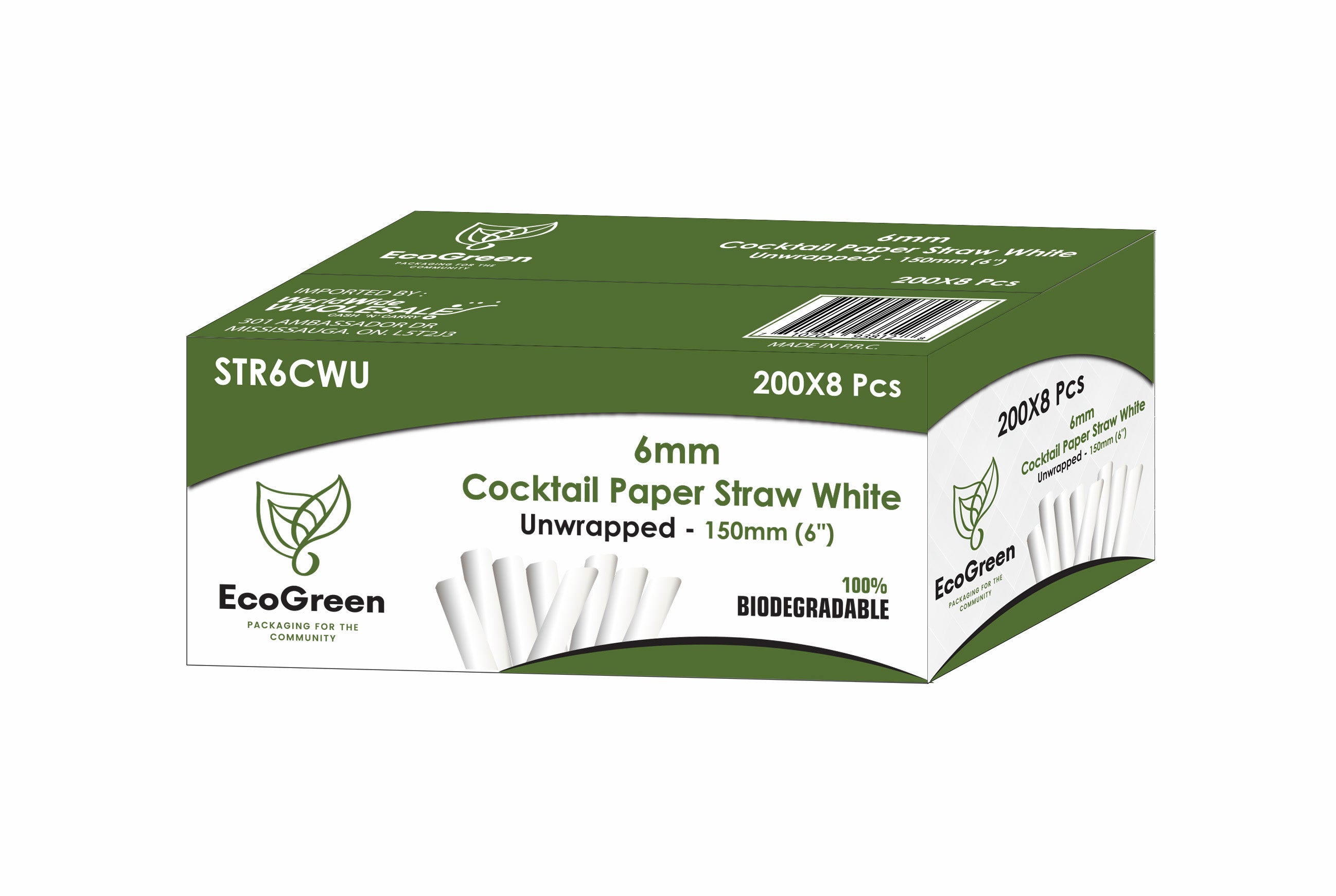 Ecogreen - 6" Cocktail Paper Straws - 6mm - Unwrapped - 200Ct