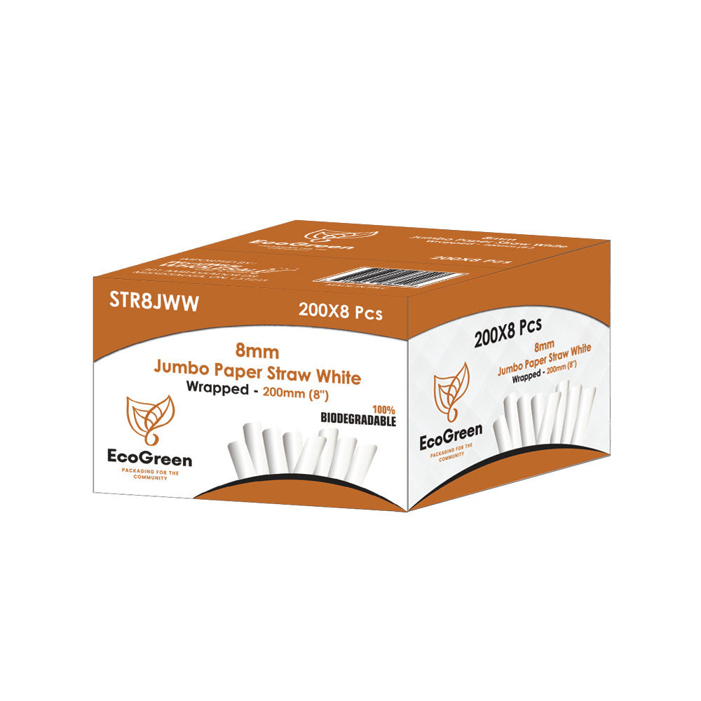 Ecogreen - 8" Jumbo Paper Straws - Wrapped - 200Ct