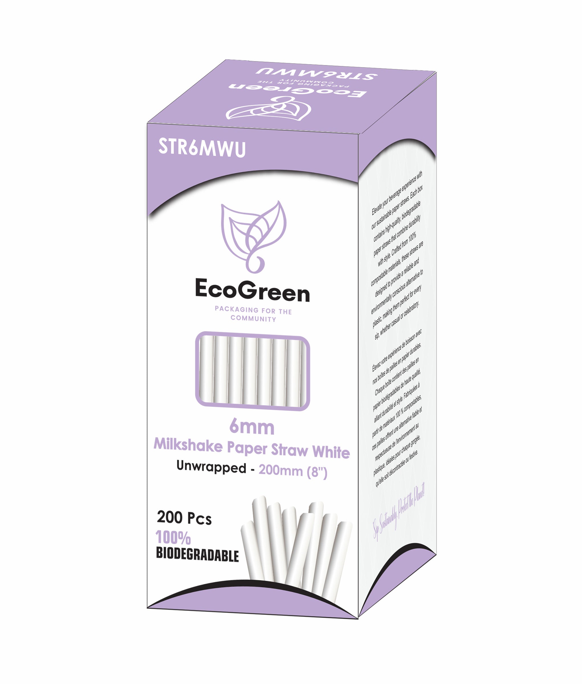 Ecogreen - 8" Milkshake Paper Straws - Unwrapped - 200Ct
