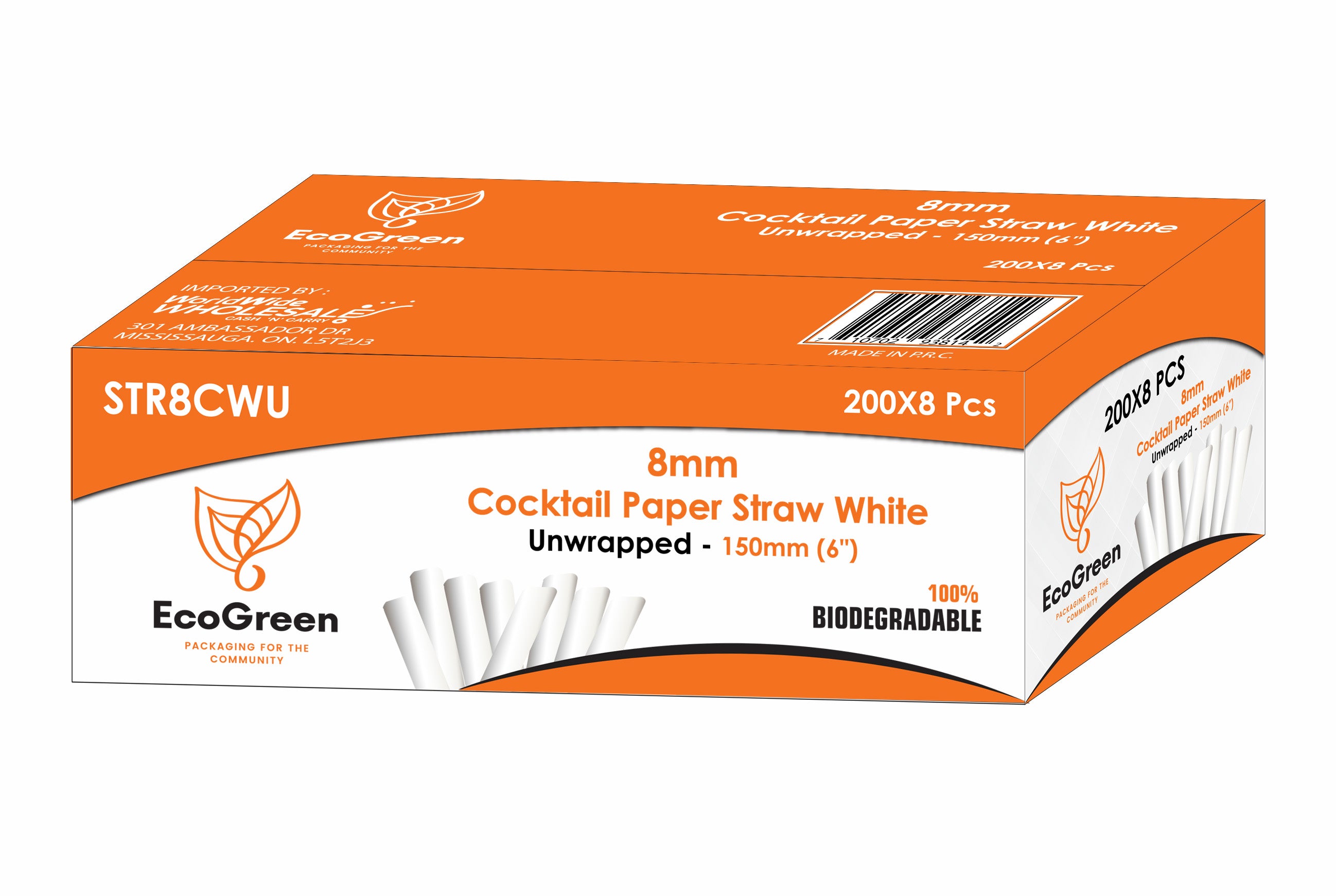 Ecogreen - 6" Cocktail Paper Straws - 8mm - Unwrapped - 200Ct