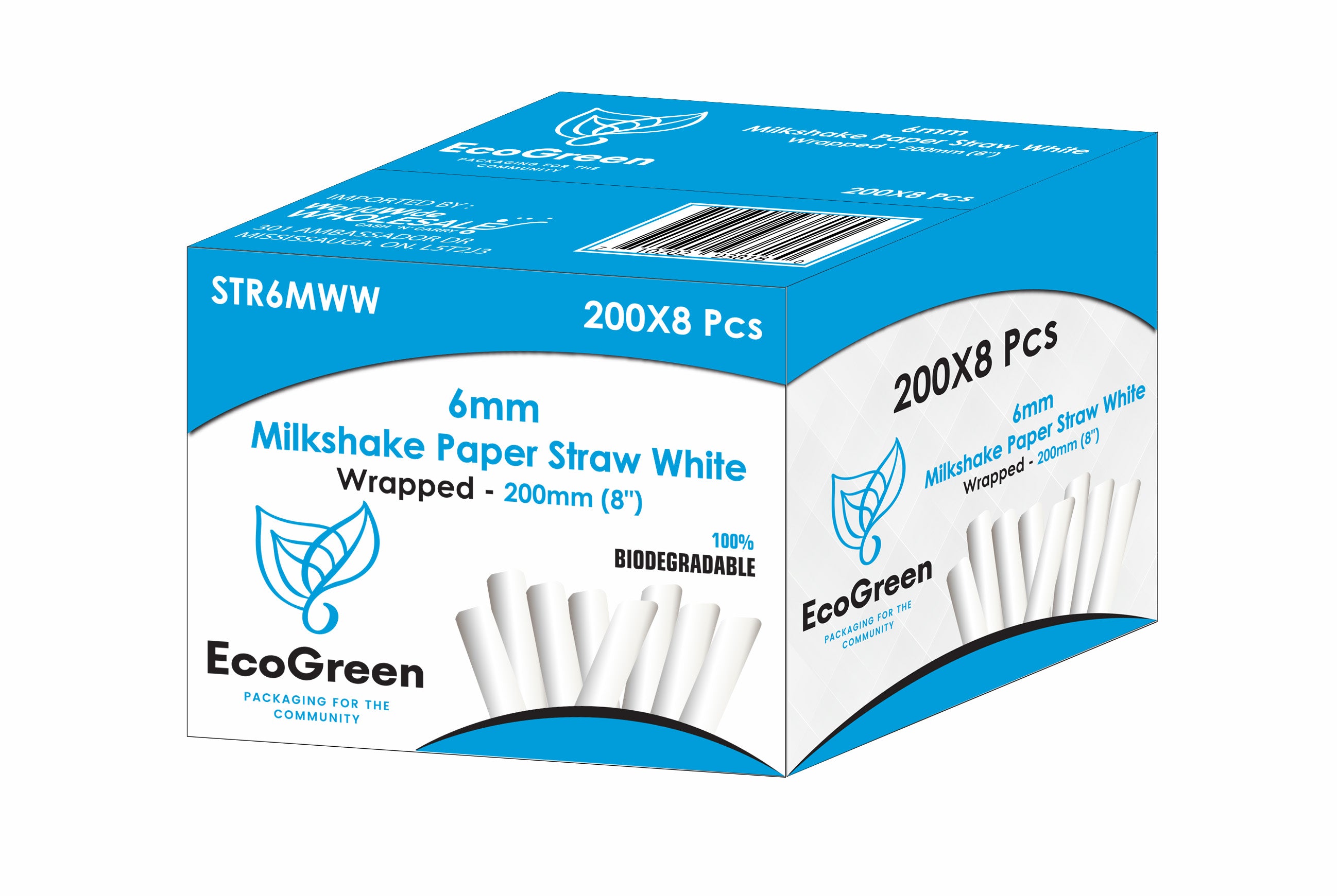 Ecogreen - 8" Milkshake Paper Straws - Wrapped - 200Ct