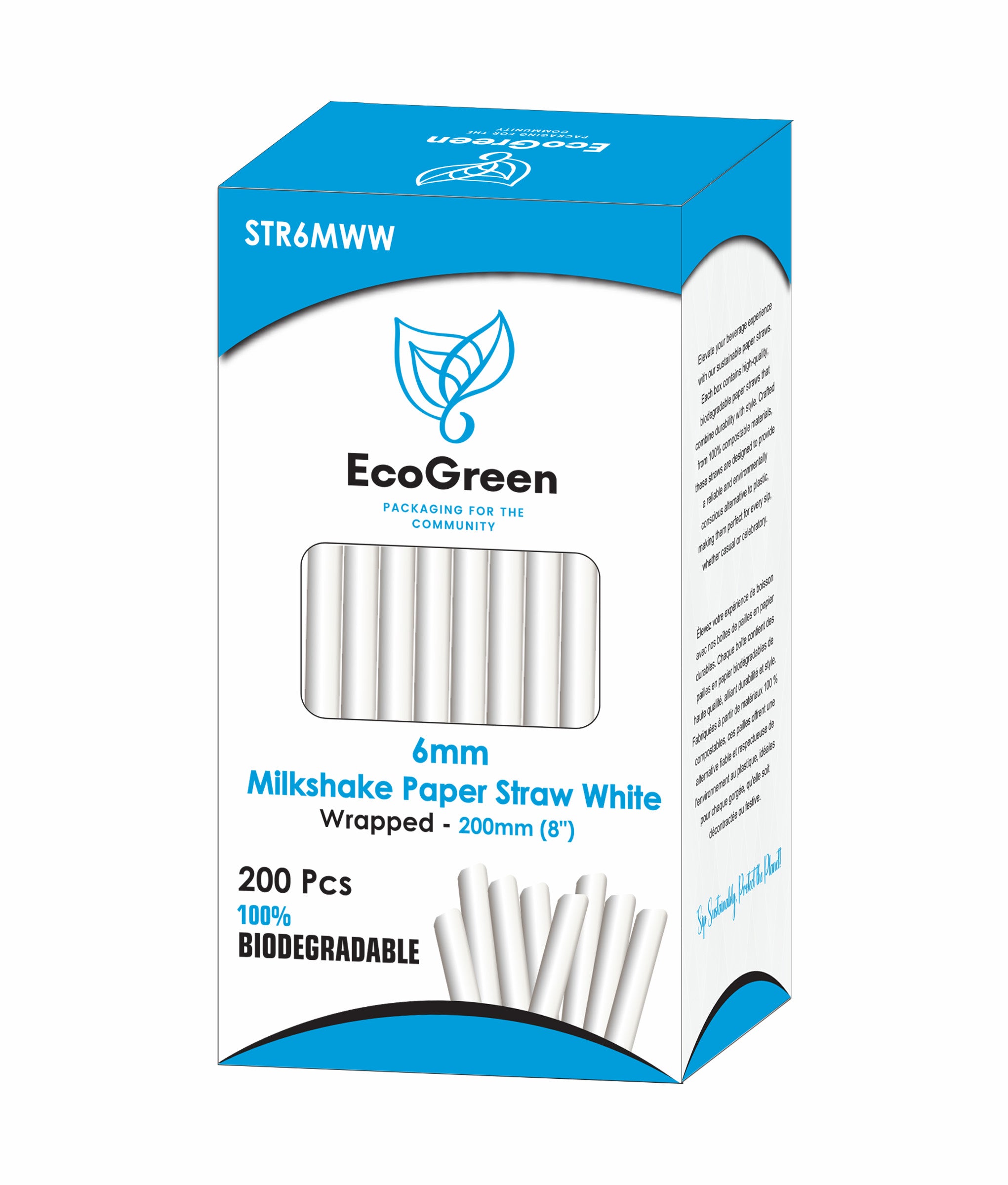 Ecogreen - 8" Milkshake Paper Straws - Wrapped - 200Ct