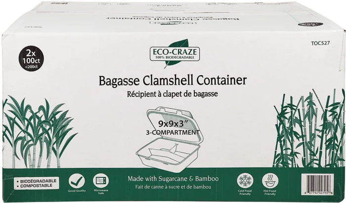 TenClouds - 9X9 Bagasse Clamshell Container - 3 Comp.