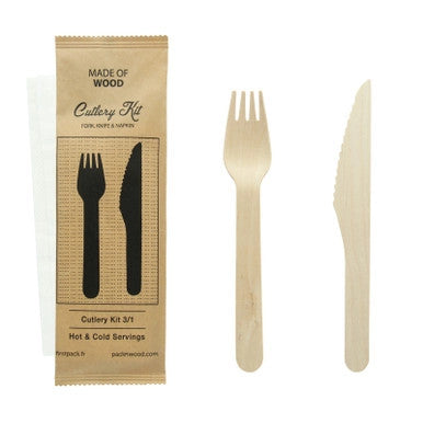 Wrapped Wooden 3Pc Meal Kit - Fork Knife Napkin - A2Z Cash N Carry