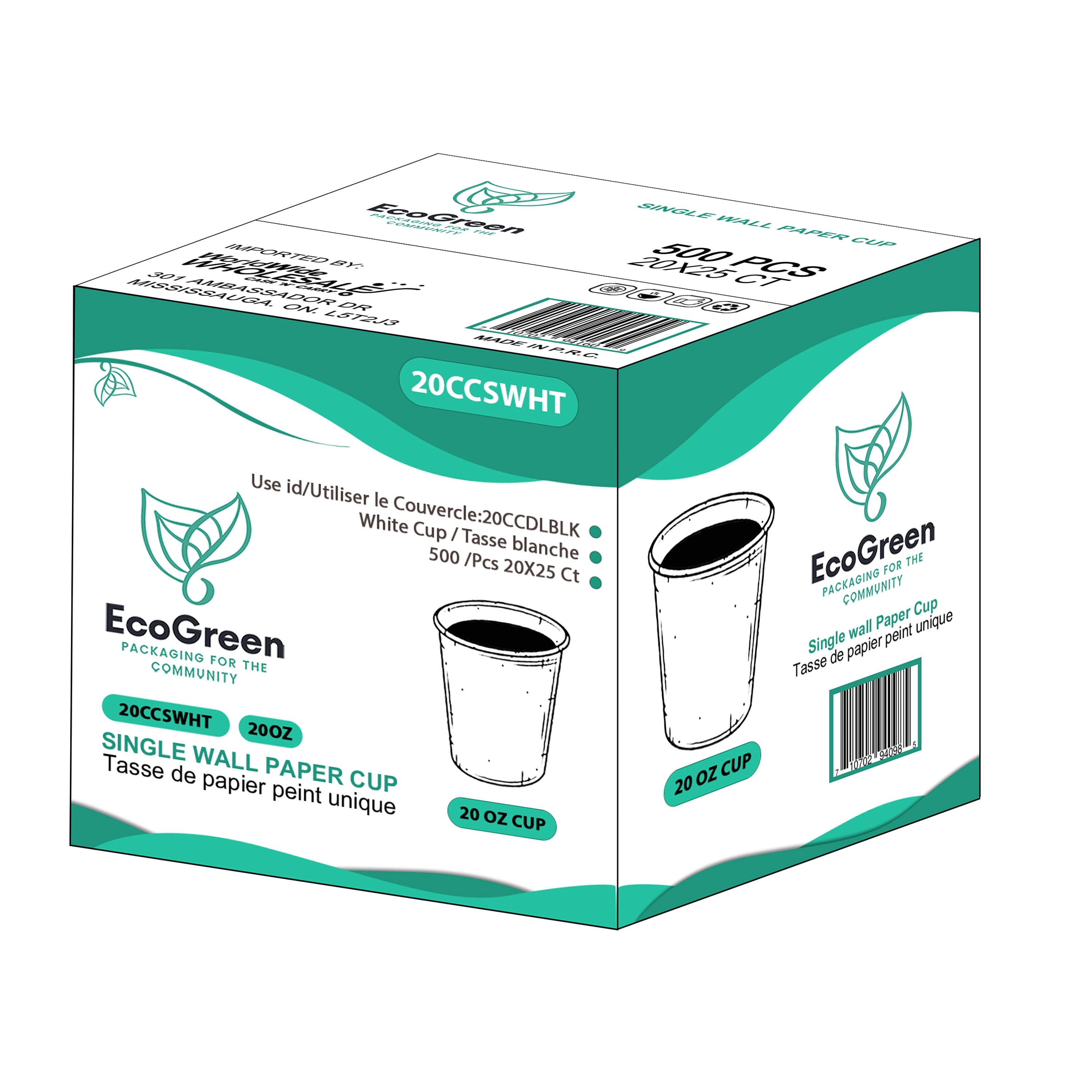 EcoGreen 20oz Single Wall Paper Cup White - A2Z Cash N Carry
