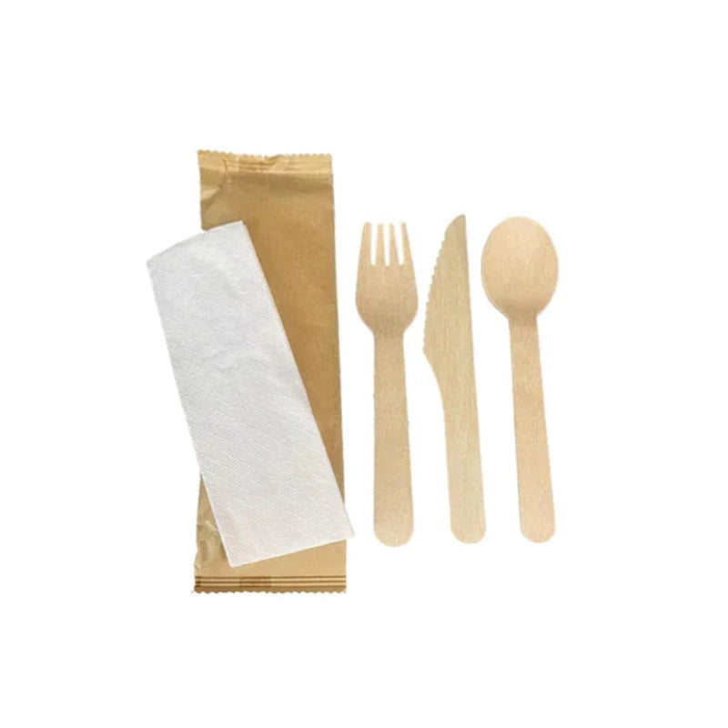 Wrapped 4pc Cutlery Kit (Fork/Knife/Spoon/Napkin) - Wooden - A2Z Cash N Carry