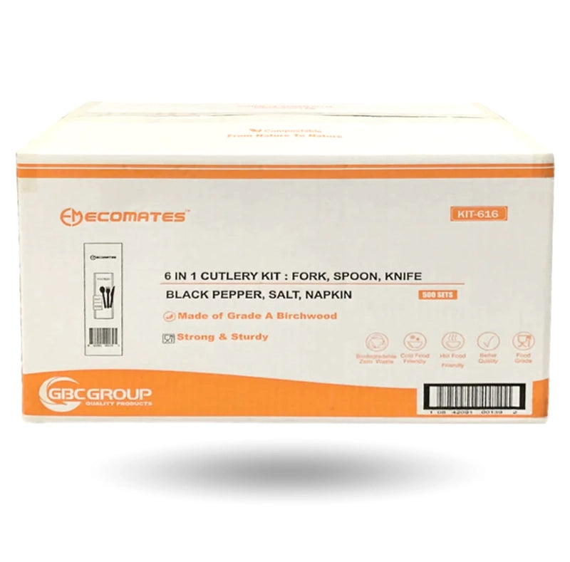 Wrapped 6pc Cutlery Kit (Fork/Knife/Spoon/Napkin/Salt/Pepper) - Wooden - A2Z Cash N Carry (case packaging)