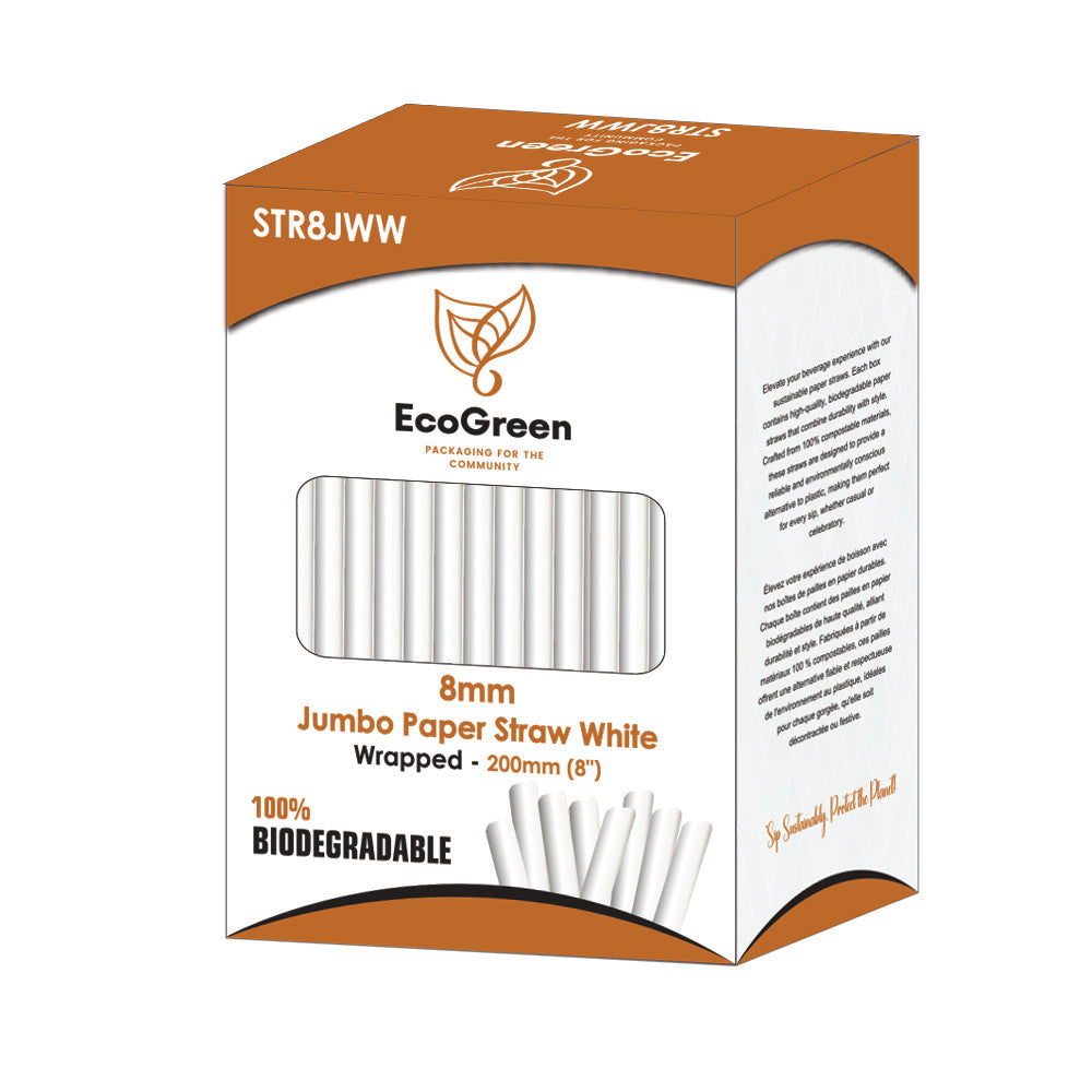 Ecogreen - 8" Jumbo Paper Straws - Wrapped - 200Ct