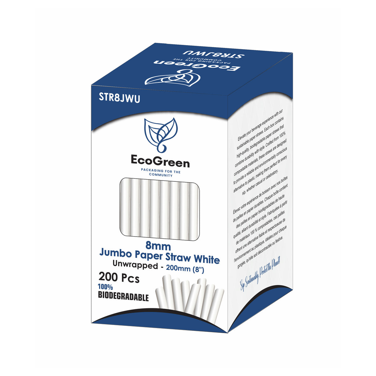 Ecogreen - 8" Jumbo Paper Straws - Unwrapped - 200Ct