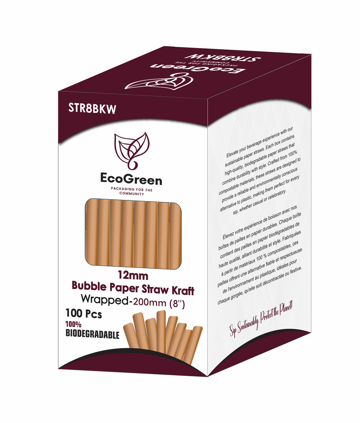 Ecogreen 8" Bubble Paper Straws Wrapped Kraft 100Ct - A2Z Cash N Carry (label detail)