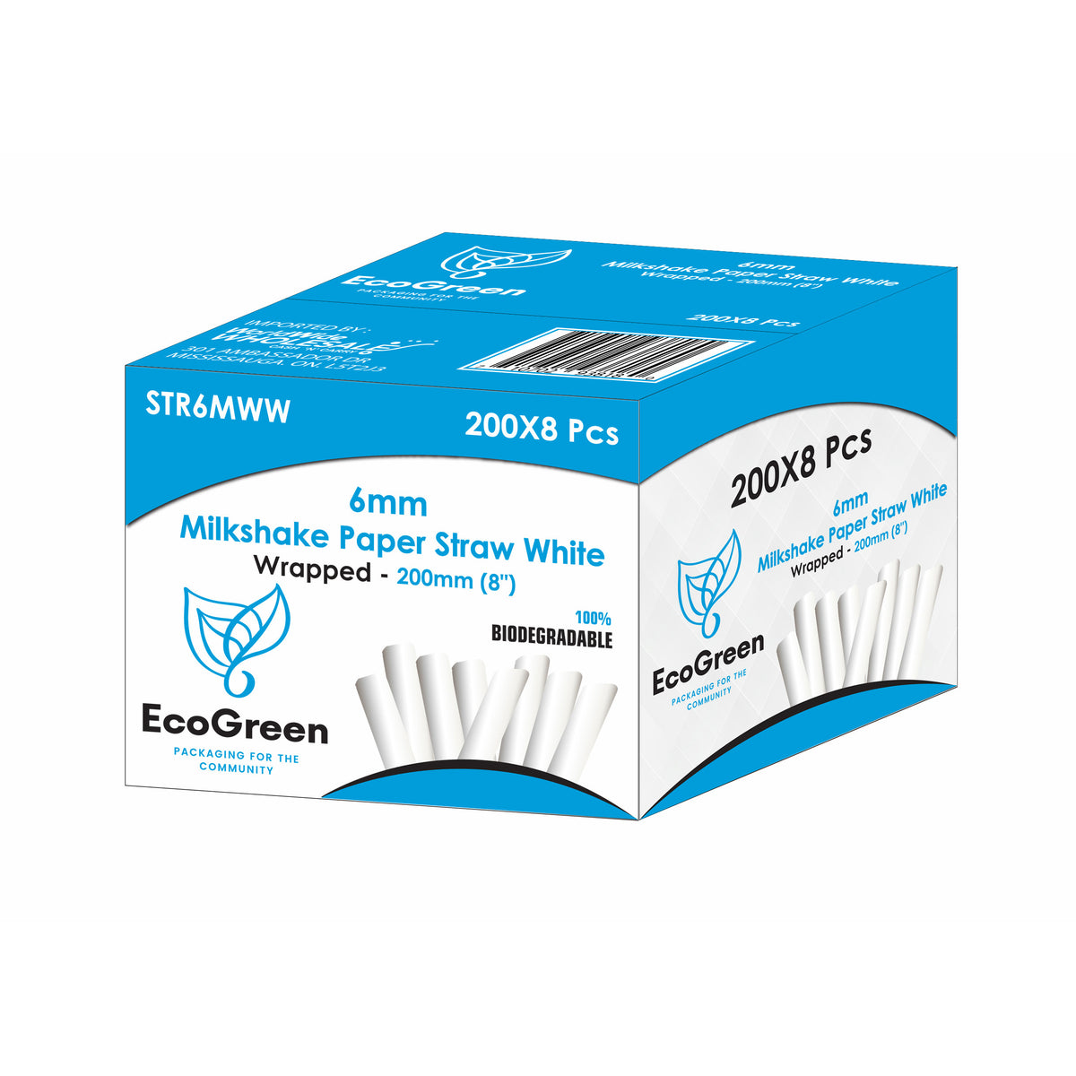 Ecogreen - 8" Milkshake Paper Straws - Wrapped - 200Ct