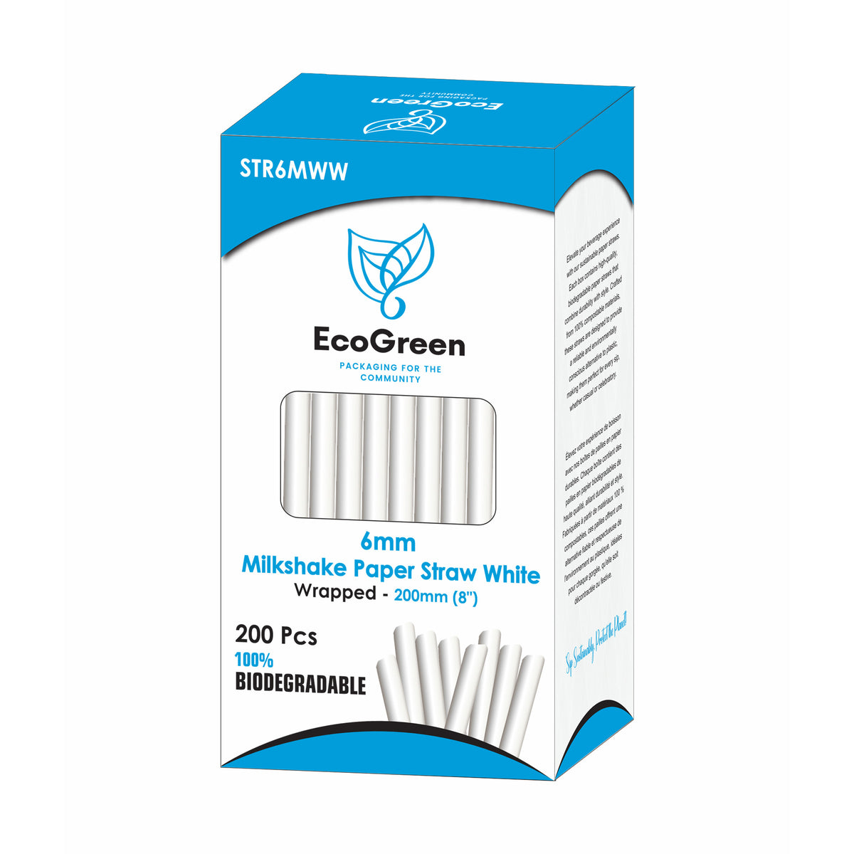 Ecogreen - 8" Milkshake Paper Straws - Wrapped - 200Ct
