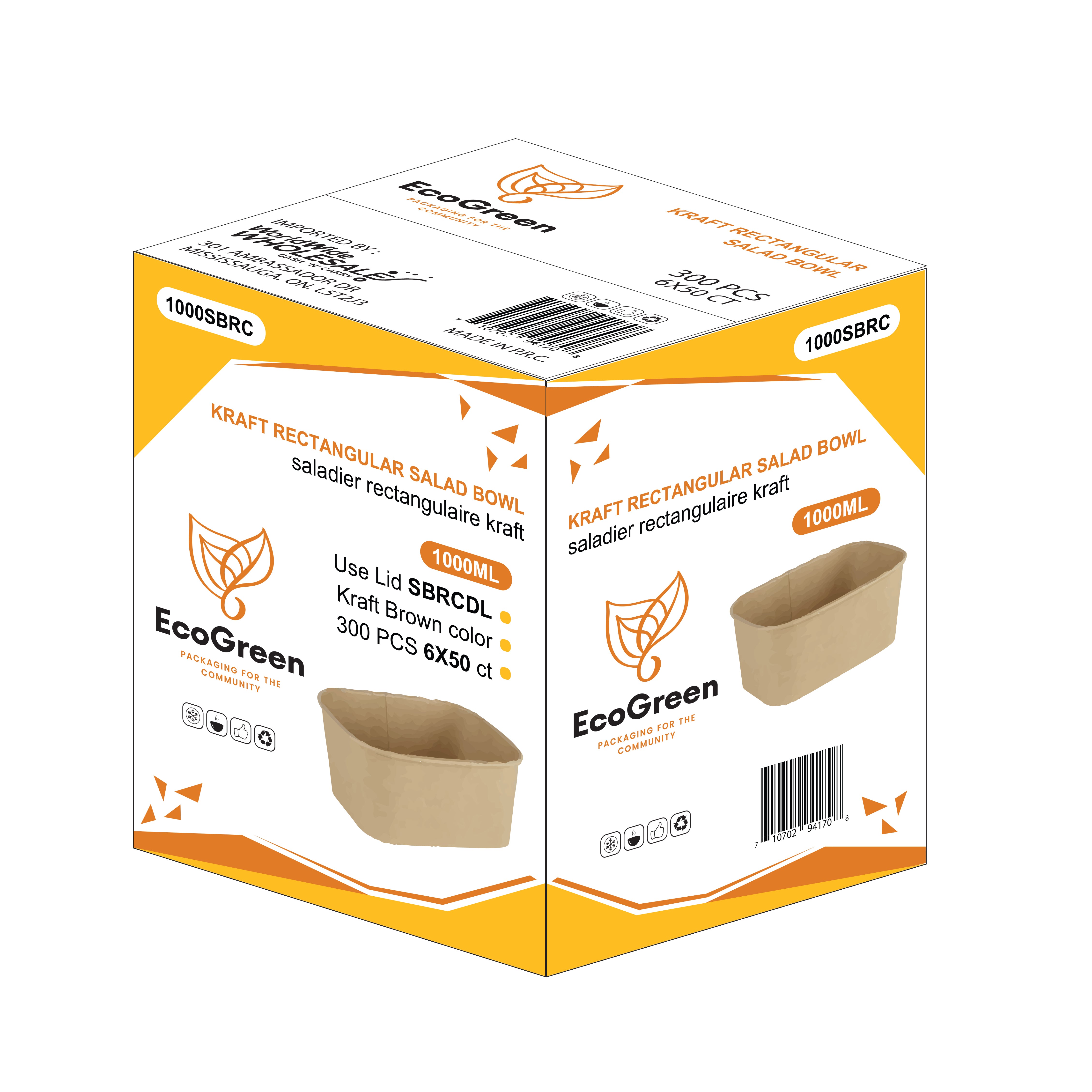 EcoGreen - Kraft Salad Bowl - Rectangular - 1000ml