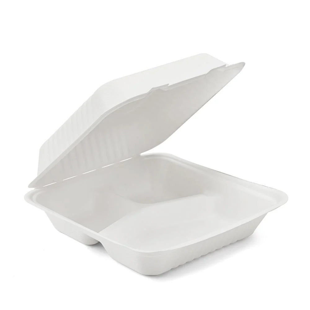 EcoGreen - 8X8X2.5 - 3 Comp Bagasse Hinged Lid Container